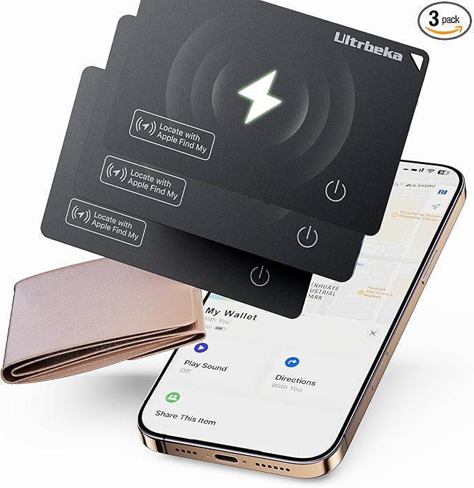 Ultra-Thin Air Tag Wallet Tracker Card 0.07in IP68 Waterproof Bluetooth Tracker for Wallets, Passport, Work with Apple Find My, Wireless Charging, Card Locator iOS Only [Apple MFi Certified]- 3pcs