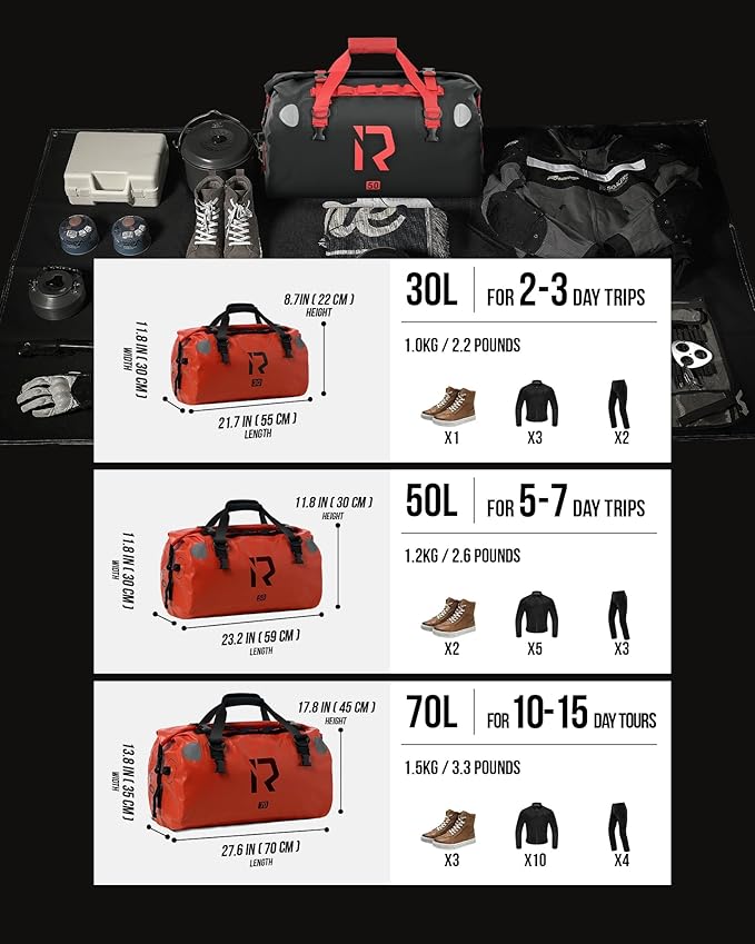 IRON JIA'S Motorcycle Dry Bag - Waterproof Duffle & Luggage Tail Bag Saddle Bags with Roll Top Closure, Shoulder Straps, Inner Pocket and Mesh Pocket (Orange, 50L)