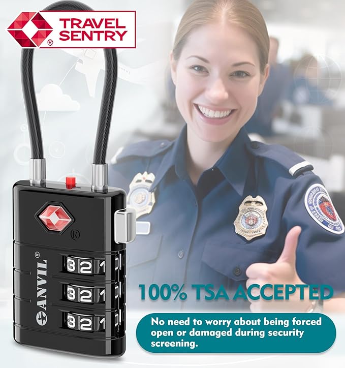 ANVIL TSA Approved Luggage Locks – High Security TSA008 Combination Travel Locks with Inspection Indicator for Suitcases and Backpacks. (6, Black)