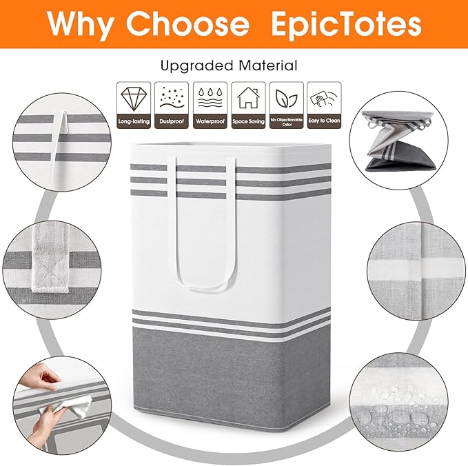 2 Pack Large Home Laundry Basket, Laundry Hamper, Freestanding Waterproof Dirty Clothes Bag, Tall Clothes Hamper - Extended & Reinforced Handles for College Dorm, Family (Light Grey/88L)