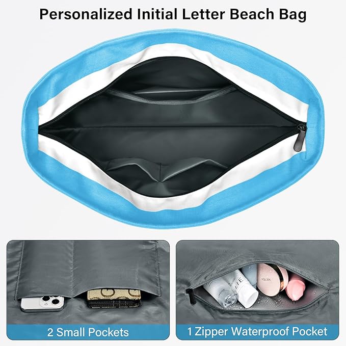 Becokan Beach Bag Initial Beach Tote with Makeup Bag for Travel Work Storage Personalized Birthday Gifts for Women Her