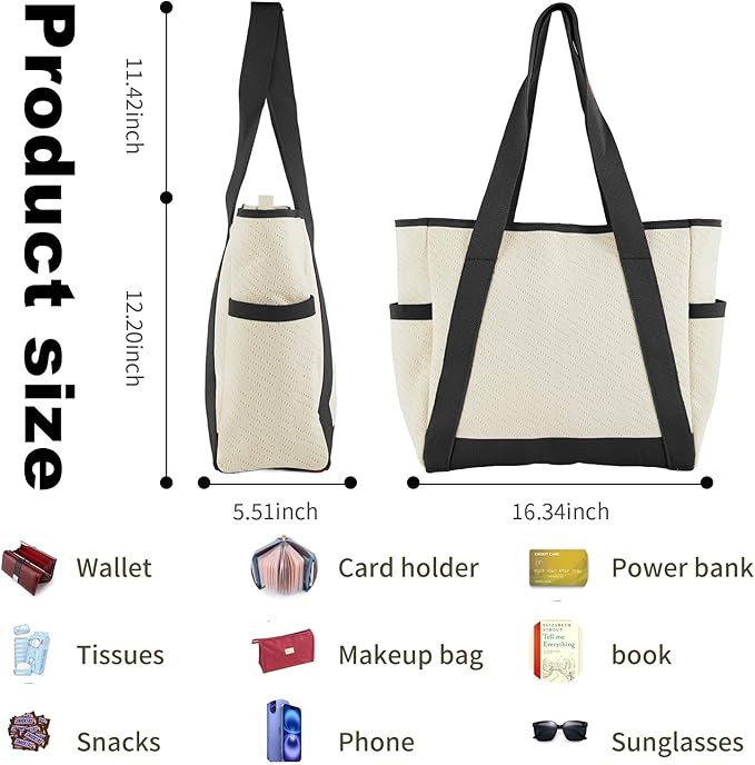 Large Canvas Tote Bag,White and Green, with Laptop Sleeve and Multiple Pockets