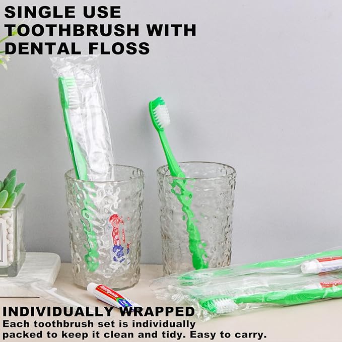 Disposable Toothbrushes with Toothpaste and Floss,200Pcs Green Single Use Individually Wrapped Disposable Travel Toothbrushes and Dental Floss Kit Bulk for Homeless,Airbnb,Hotel,Dentist