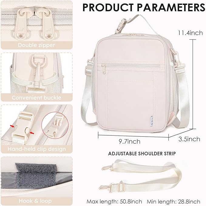NOL Nylon Waterproof Kids Lunch Bag, Insulated Lunch Bag, Lunch box Cooler, Reusable, Zip Closure with Buckle Handle Holds Lunch Box, Snacks & Water Bottle for School Work, Cream
