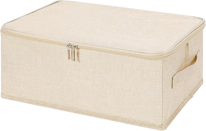 ANMINY 3PCS Storage Bins with Zipper Lids 13 Qt Lidded Fabric Storage Boxes Baskets Cubes with Handles Collapsible Washable Cotton Linen Closet Shelf Clothes Organizer Containers - Beige, Small