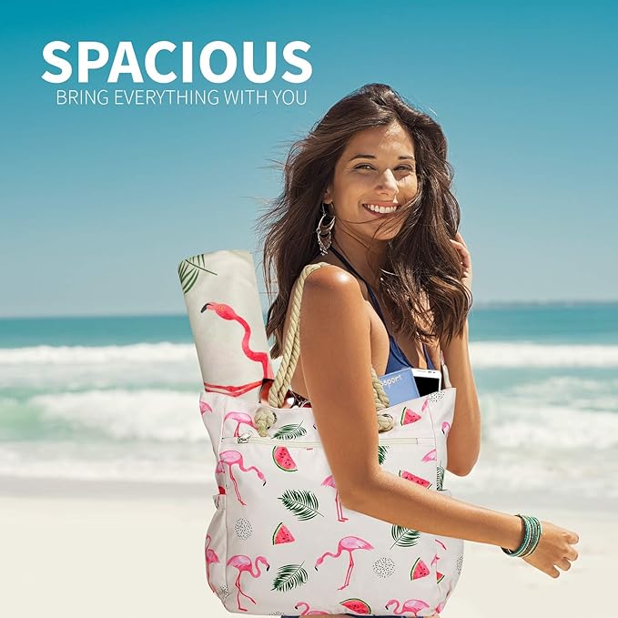 Beach Bag Spacious Shoulder Tote Travel & Gym Bag w/Multiple Pockets & Strong Zipper