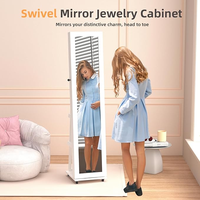 RQZ 360° Rotating Jewelry Organizer with Lights, 8 LEDs Jewelry Cabinet Armoire Standing, Lockable Jewelry Storage with Full-Length Mirror, 4 Storage Shelves, Interior Mirror(65.35" H)