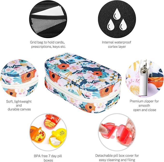 Serfeymi Weekly Travel Pill Organizer 2 Times A Day AM PM Rainbow Pill Box 7 Day with Zipper Canvas Pill Case, Medicine Organizer for Pills, Vitamins, Fish Oils - Black 02 + Bloom 01