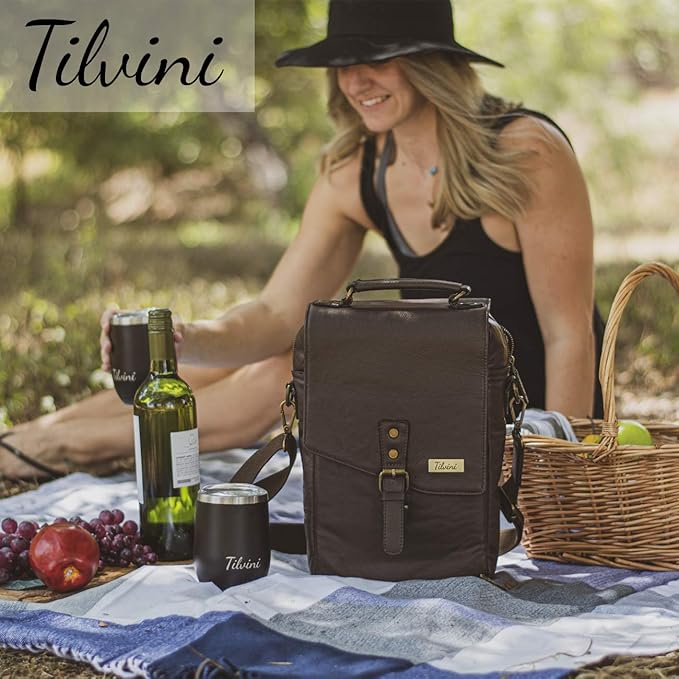 Insulated Leather Wine Bag & 2 Wine Tumblers Set. Leather Wine Bottle Carrier Tote. Wine Gifts For Men. Picnic Bag, Beach Wine Cooler Bag. Airplane Travel Byo Wine Carrier Case Couples Gift