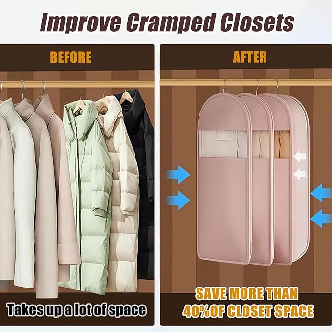 Space Saving Hanging Garment Bag with Self Compression Zipper, Space-Saving Dust-Proof Down Jacket Compression Storage Bag for Coats Blankets, Sweaters, Seasonal Clothes(Beige, L)