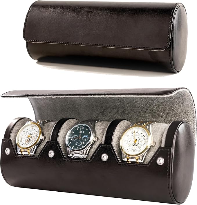 MR.OKAY 3 Watch Travel Case- Classic Leather Watch Case With Perfect Texture.Portable Watch Roll Or Organizer For Storage And Display. Luxury Gifts For Men, All Handmade by Artisans.