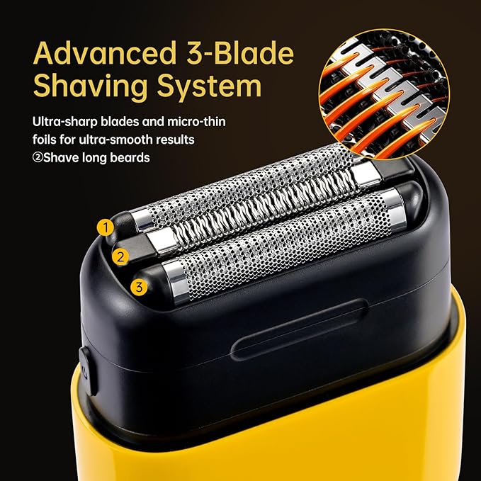 Mini Steel Electric Foil Shavers for Men: Upgraded Mini Electric Razor– Portable Travel Shaver with IPX7 Waterproof, Ultra-Long BatteryLife, and Triple Blade Technology Mini Razor (Sunburst Yellow)