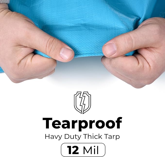 Tarps Heavy Duty Waterproof 12x20-12 mil Thick Camping Tent - Blue Tarp 12x20 UV Resistant, Rip & Tear Proof with Metal Grommets – Multipurpose Use for Camping, Tent, Boat, RV, Car, & Pool Cover