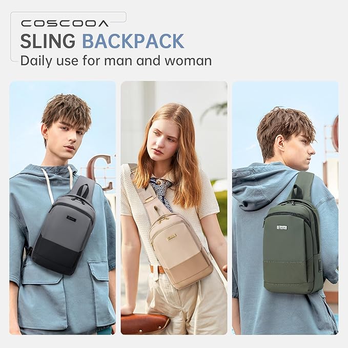 Sling Bag for Men, Anti-theft Crossbody Bag with USB Charging Port, PU Leather Shoulder Bag for Women Travel Outdoor Casual Sports Daypacks