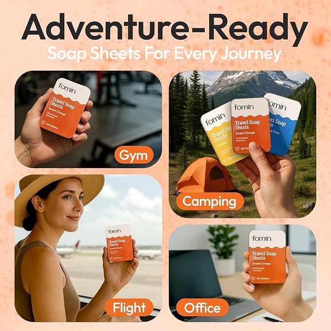 FOMIN - Antibacterial Paper Soap Sheets Tin for Traveling - (300 Sheets) Orange - Portable Travel Hand Soap Sheet, Dissolvable Mini Camping Hand Soap for Hand Washing