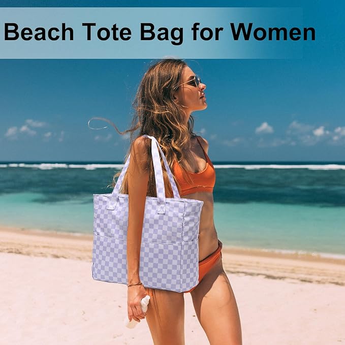 LEDAOU Large Beach Tote Bag Women Waterproof Sandproof Zipper Beach Tote Bag for Pool Gym Grocery Travel with Wet Pocket