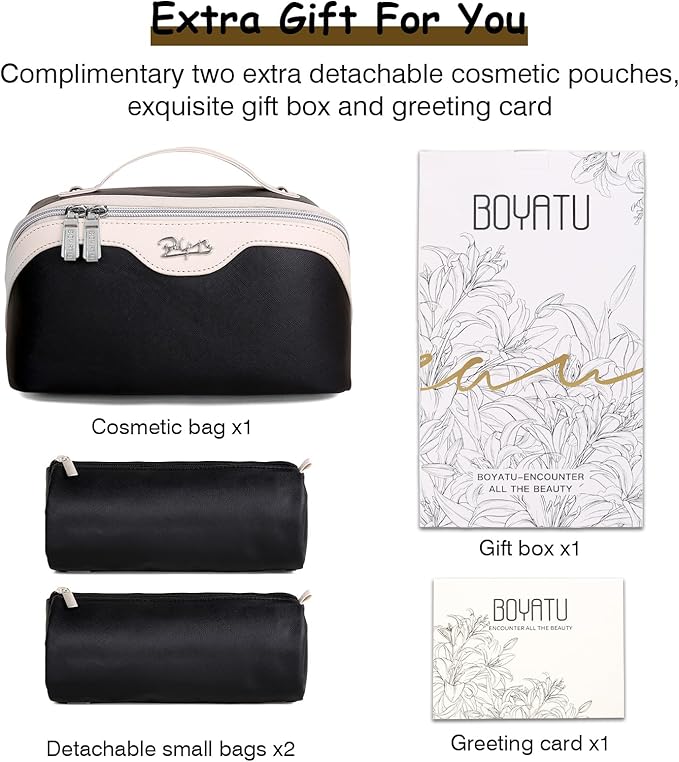 BOYATU Travel Makeup Bag Organizer Cosmetic Bag: 3 Pcs Set Make up Bags for Women with Handle - Waterproof Vegan Leather Toiletry Bags with Comparments (D-03-Black)