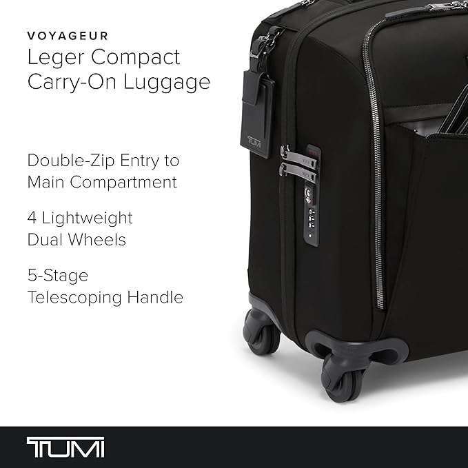 TUMI - Voyageur Leger 4 Wheeled Luggage - Women's Lightweight and Spacious, Sleek Silhouette, Durable Premium Suitcase - 16" Compact Carry-On, Black with Gunmetal Hardware