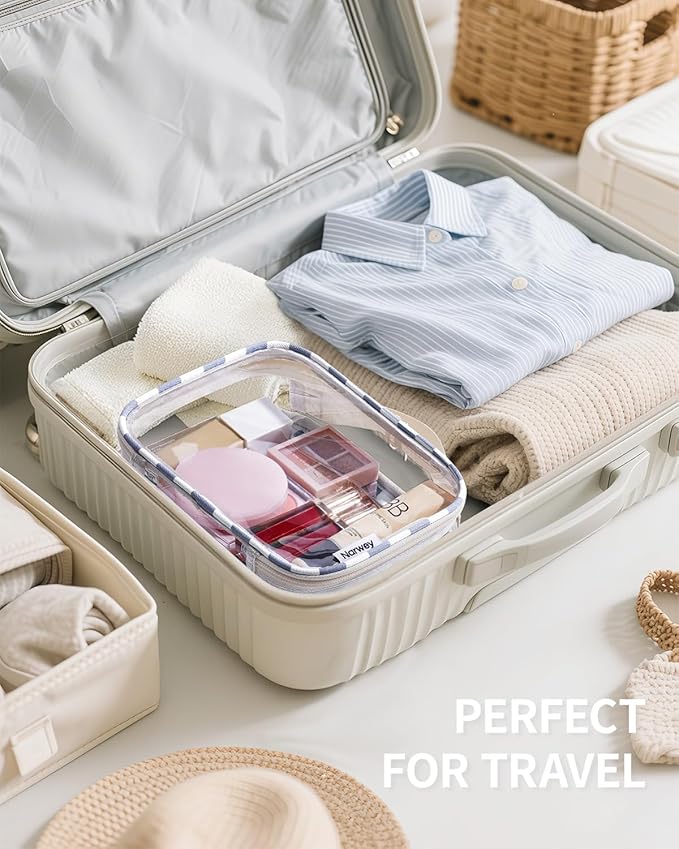 Narwey TSA Approved Clear Toiletry Bag for Travel, Waterproof PVC Clear Makeup Bags Portable Compact Cosmetic Bag Make Up Organizer Airport Airline Quart Size Compliant Bag (Grayish Blue Checkerboard)