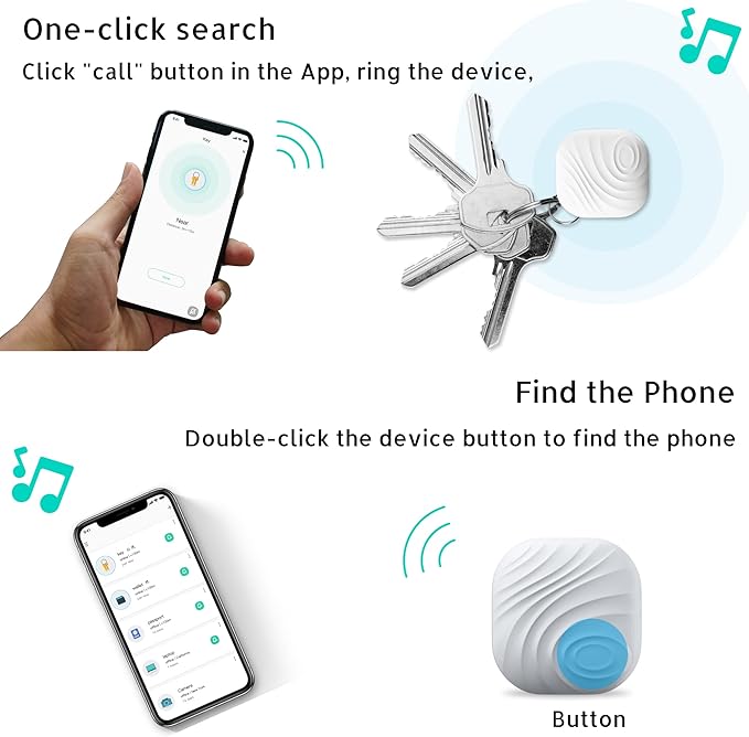 Key Finder, Bluetooth Tracker Item Locator with Key Chain for Keys Pet Wallets or Backpacks and Tablets, Batteries Include (1 White & 1Gray, 2 Pack)