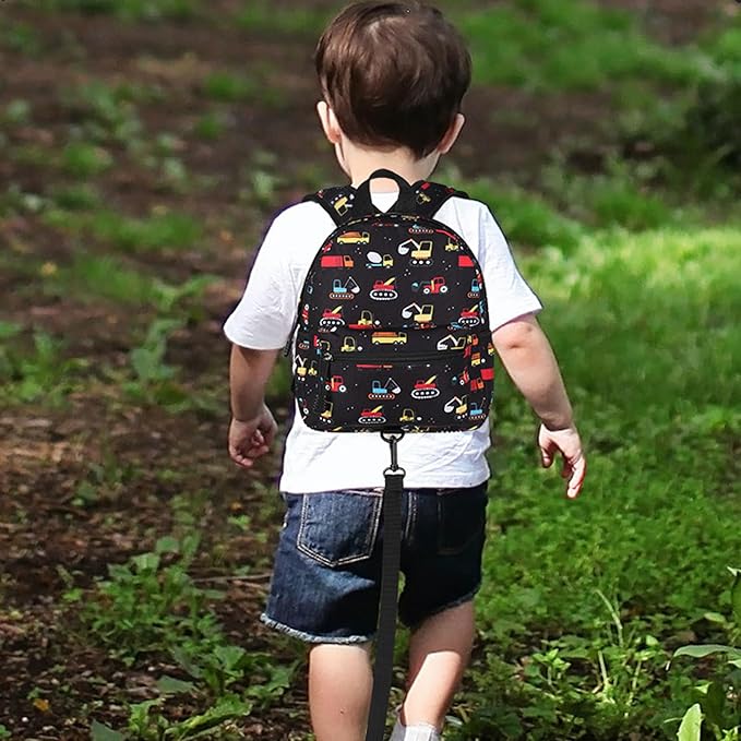Accmor Toddler Backpack Harness with Leash, Cute Baby Backpacks with Anti Lost Wrist Link, Mini Kids Backpack Tether Walking Harness for Travel Outdoor, Black Excavator Backpack Tether for Boys Girls