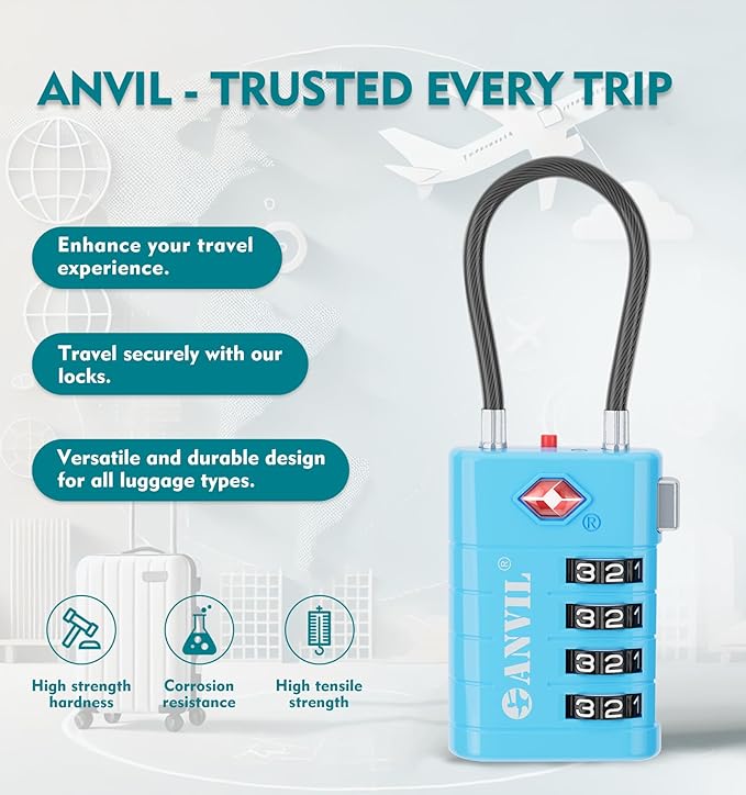 ANVIL 4 Digit Luggage Locks, TSA Locks for Luggage, Advanced TSA008 core, Alert Indicator for Your Travel Lock, Suitcase Lock. (3, Blue)