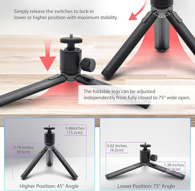 Kado Metal Portable Monitor Stand Tripod, 100x100mm 75x75mm Wall/Arm Mount Adapater Bracket Plate, 360° Ball Head and 1/4" Screw Compact for Phone, Tablet, Projector, Camera and Webcam