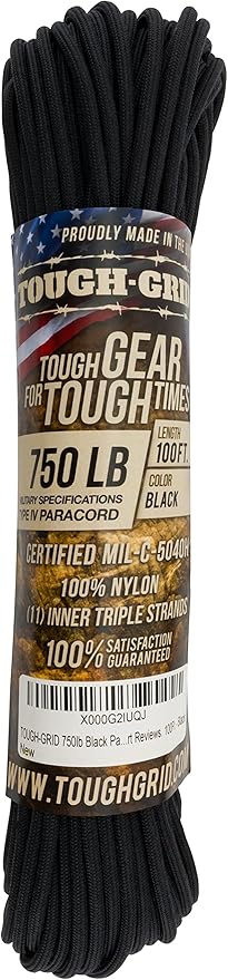 TOUGH-GRID 750 Paracord Rope Nylon Parachute Cord, Made in USA Survival Kit, Outdoor Adventures, Camping, Tactical Gear & Emergency Supplies, Military Type IV Mil-Spec