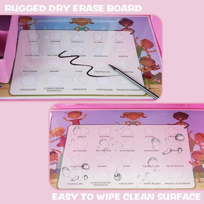 MENZOKE Kids Travel Tray for Toddler Car Seat, Lap Tray for Girl Activities with Dry Erase Board & Cooler Cup Holder, Road Trip Essentials Accessories with No-Drop Large Tablet iPad Holder Stand,Pink