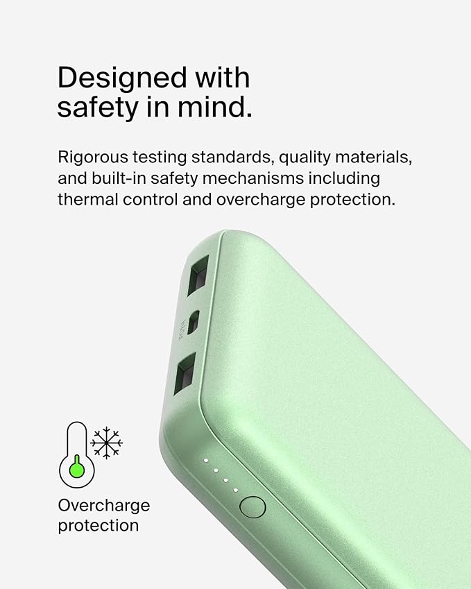 Belkin Portable Charger, USB-C Power Bank 20000 mAh w/ 2X USB-A Ports, 15W w/Type-A to Type-C Cable for iPhone 16, 15, Samsung Galaxy S25, iPad, Nintendo Switch 2, Google Pixel 10, etc. - Green