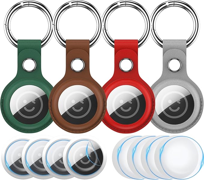 RFUNGUANGO Airtags Holder Keychain Keyring, 4 Pack Leather Case Cover for Women Men Kids with Apple Air Tag GPS Tracker Item Finders-Brown,red,Green,Grey