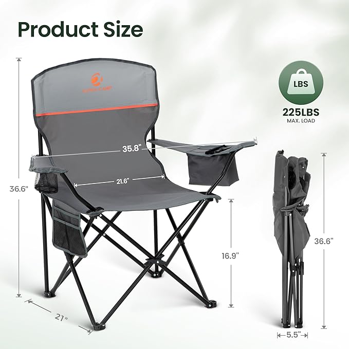 HIGH POINT SPORTS 2 Pack Portable Camping Chair for Adults, Folding Outdoor Camp Chair Lightweight Lawn Chairs Folding Collapsible Chair for Camping, Tailgates, Beach, Gray, Support 225lbs