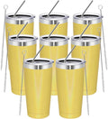MEWAY 20oz Tumbler 8 Pack Double Wall Vacuum Insulated Travel Glitter Mug Bulk, Stainless Steel Tumblers with Lid and Straw,Powder Coated Coffee Cups for Woman(Rainbow Yellow,Set of 8)