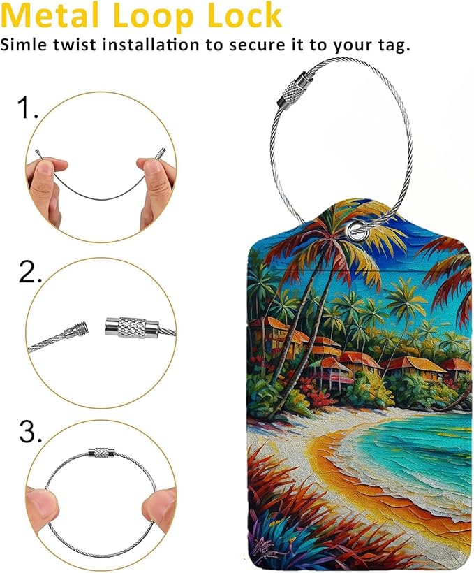 Seaside Town 2-Pcs Premium Leather Tags with Privacy Covers,Luggage Tag Stainless Steel Loops Ideal for Suitcases, Travel Bags, Backpacks