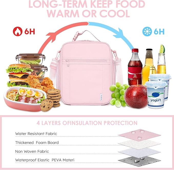 NOL Nylon Waterproof Kids Lunch Bag, Insulated Lunch Bag, Lunch box Cooler, Reusable, Zip Closure with Buckle Handle Holds Lunch Box, Snacks & Water Bottle for School Work,Pink