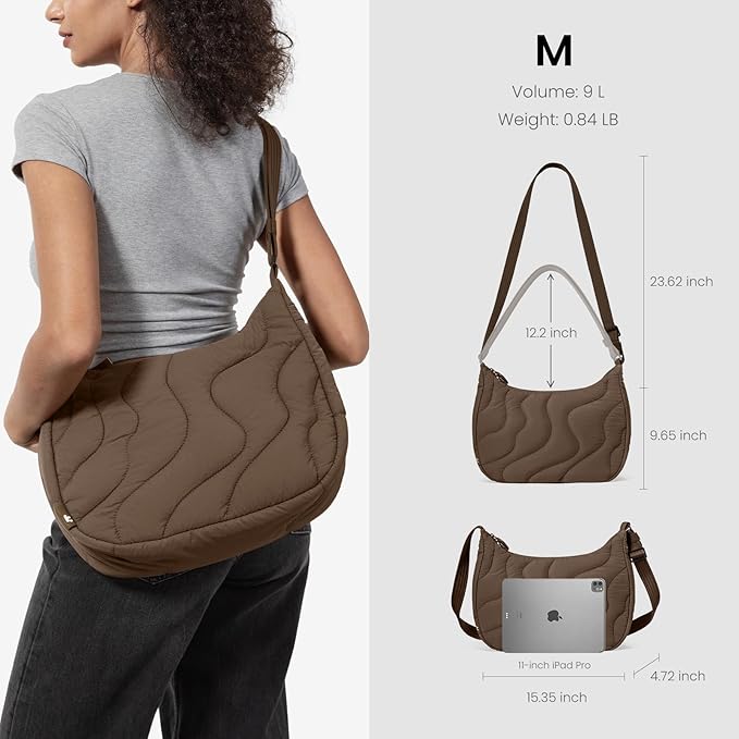 tomtoc 9L Puffer Sling Crossbody Bag for Women Trendy, Nylon Quilted Crescent Shoulder Bag Purses for 11-inch iPad Air/Pro & Daily Essentials, Puffy Travel Hobo Handbag with Organized Inner Pockets