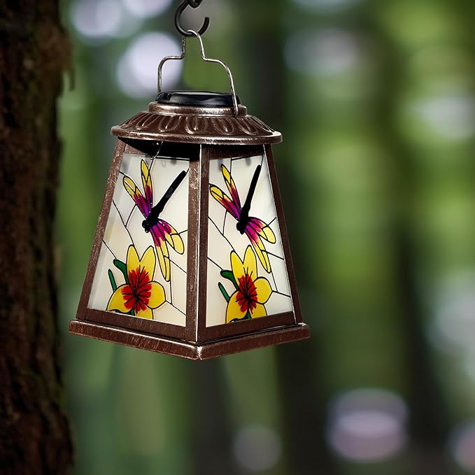 Dragonfly Solar Lantern with Shepherd Hook, Outdoor Hanging Metal LED Garden Light Waterproof for Patio Yard Pathway, Vintage Dragonfly Lantern Decor and Thoughtful Garden Gift for Mom Grandma Women