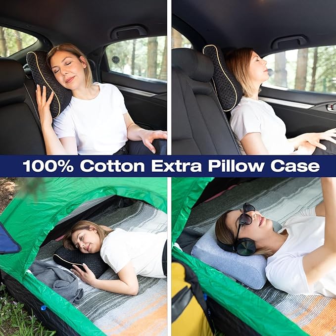 Travel & Camping Comfortable Memory Foam Pillow – Easy to Carry Portable Bag – Temperature Regulating Pillow Case (Black Contour + Extra Cover)