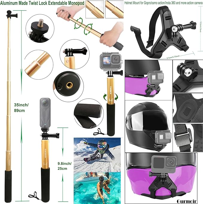 Gurmoir Accessory Kit for Osmo Action 5 pro 4/Insta 360 X5 X4 X3/Go Pro Hero13 12/Gopro Max 2/, Bike Mount/Hat Clip/Helmet Strap/Backpack Mount kit for Gopro/Osmo Action/Insta 360(DT18)