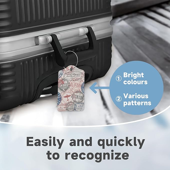 Set of 2 Luggage Tags for Suitcases, Leather Passport Travel Stamps Baggage Tags with Stainless Steel Loop, Privacy Name ID Card Cover Kawaii Travel Labels for Women Men Kids Girls