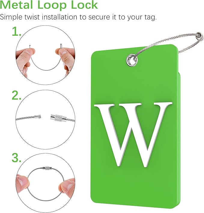 Gostwo 2 Pack Luggage Tags for Suitcases, 26 Initial Letter Travel Luggage Baggage Identification Labels ID Tag Fully Bendable Tags with Stainless Steel Loop (Green) (Letter W)