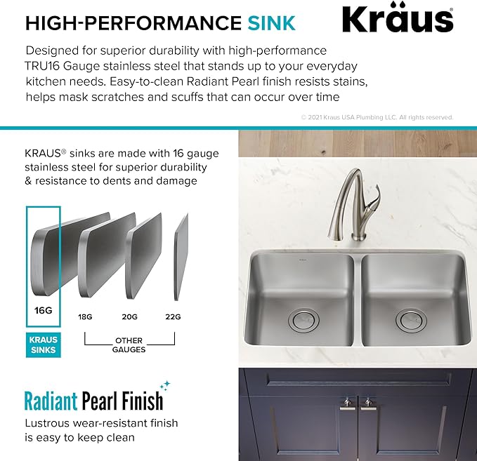 KRAUS Dex 33-inch Undermount 16 Gauge Stainless Steel Double Bowl Kitchen Sink, KA1UD33B