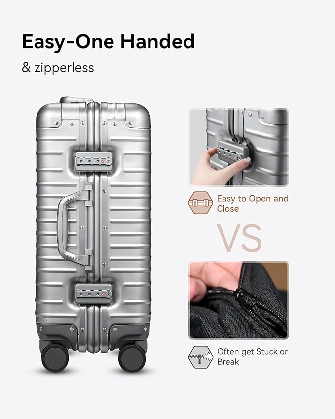 LUGGEX All Aluminum Carry On Luggage with Wheels - Zipperless Hardshell Suitcase with TSA Lock (Silver, 20 Inch)