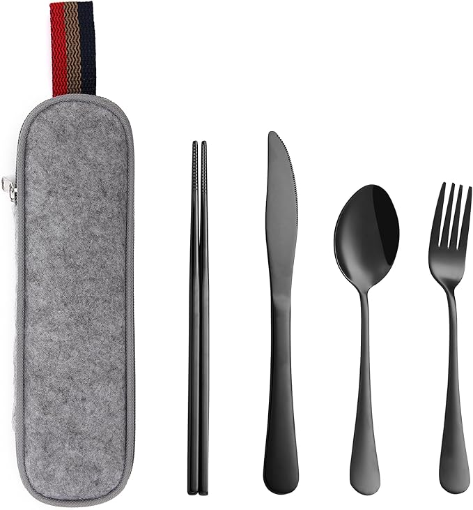 DEVICO Camping Utensils, Portable Travel Utensils with Case, Stainless Steel Reusable Silverware for Lunch Adult, 5Pcs Cutlery Set Includes Knife Spoon Fork Chopsticks and Case (Black)
