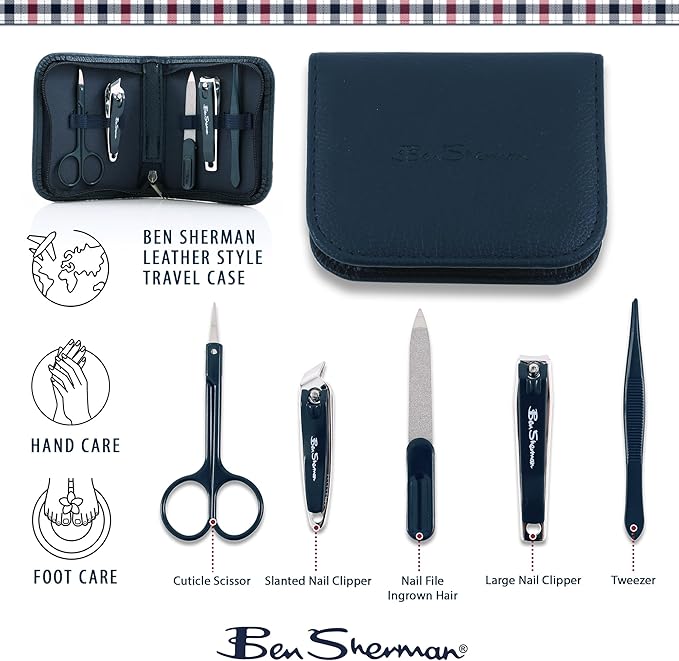 Ben Sherman Nail Clippers for Men Travel Size Nail Clipper Set, 5 Pcs Mens Nail Grooming Kit includes Nail Clippers, Scissors, Tweezers and Leather Traveling Case