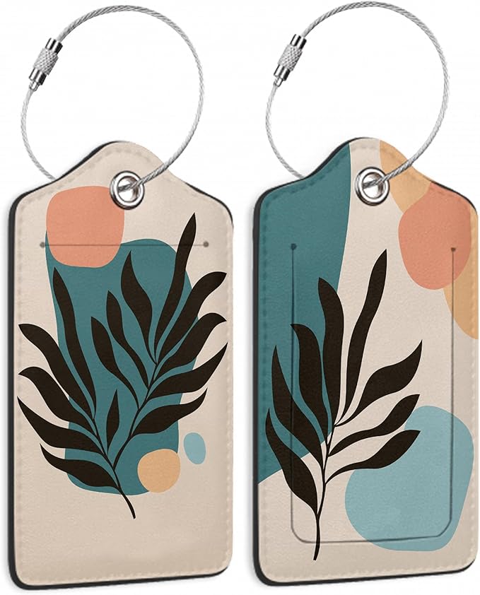 Boho Line Leaves Luggage Tags, 2 Pack Travel Cruise Tags for Suitcases,Cute Identifiers with Privacy Flap, Baggage Tags for Women Men Handbag
