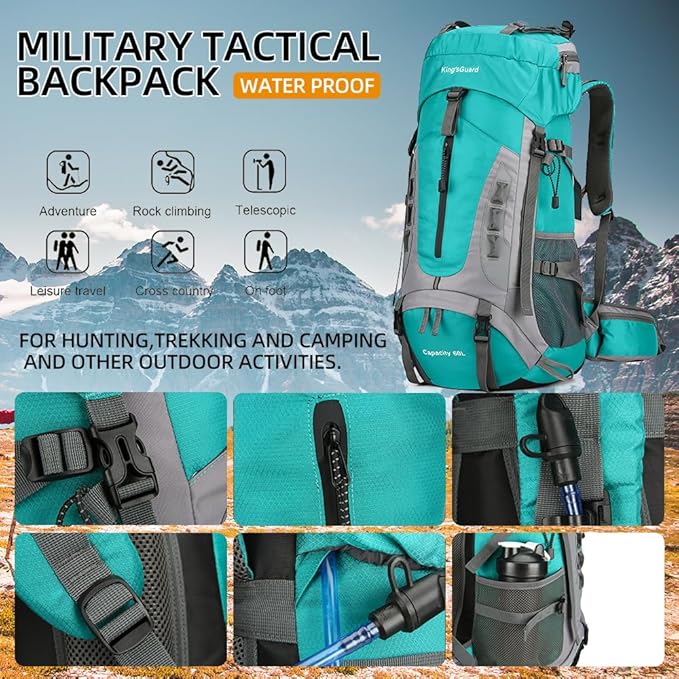 King'sGuard 60L Hiking Backpack Large Waterproof Camping Backpack for Men and Women Lightweight Frameless Backpacking Backpack with Rain Cover (Lake Blue)