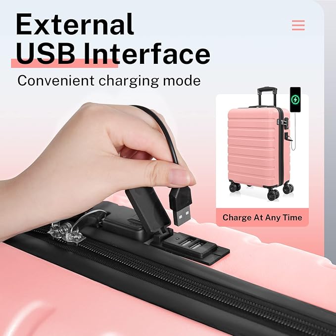 AnyZip 21" Carry On Luggage and 14" Mini Cosmetic Cases Luggage Set Hardside PC ABS Lightweight USB Suitcase with Wheels TSA for kids (2-Piece Set (14/21),Pink)