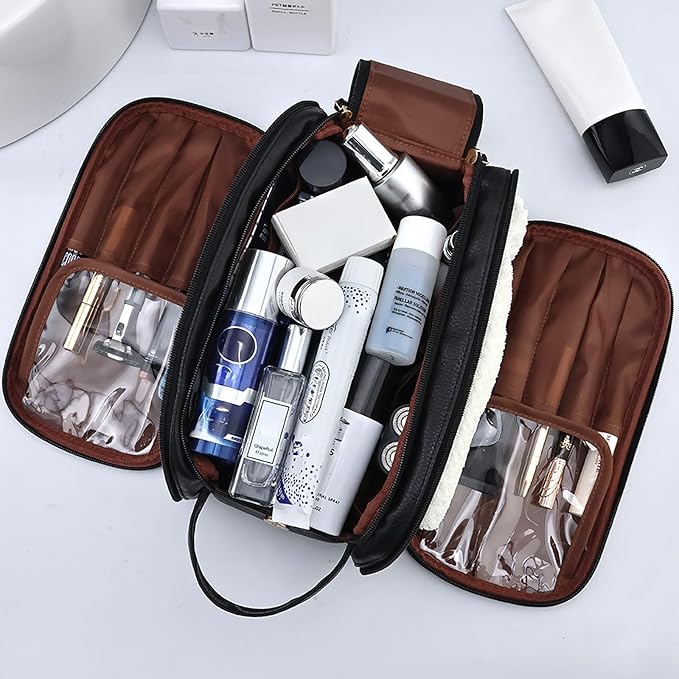 Travel Toiletry bag for men PU Triple-layer Double Zipper Toiletry Bags,Waterproof with Handle Mens Toiletry Bag Stowable Brushes, Toiletries Makeup for Business Trips Camping Bathroom Black