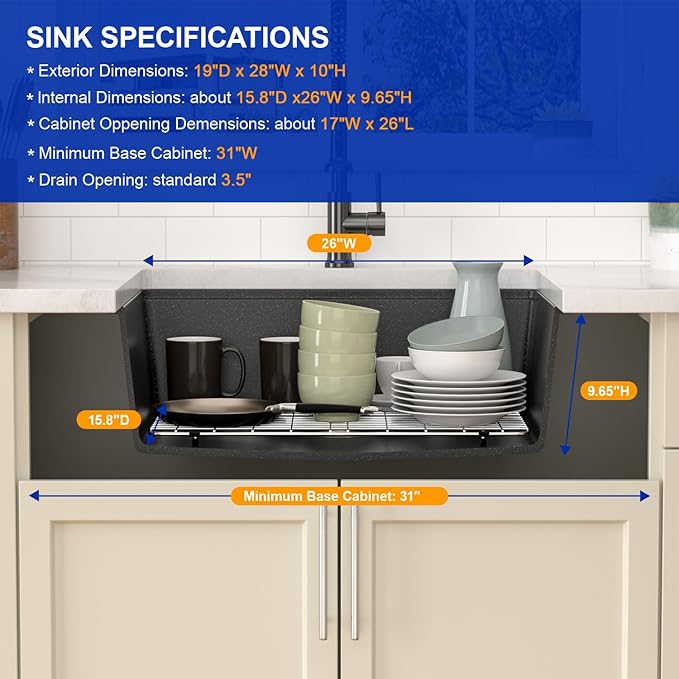 Dcolora 28 Inch Matte Black Undermount Kitchen Sink Single Bowl Modern Sink Workstation Granite Composite,#DC-GU0004BS